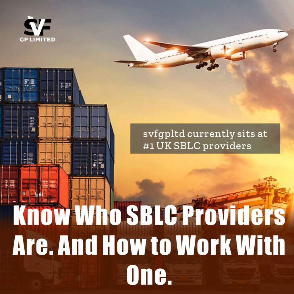 Airplane flying over shipping containers with text about UK SBLC providers.