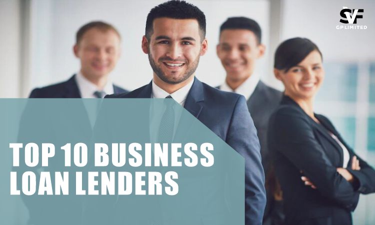 Top 10 Business Loan Lenders in 2025 Comparison Guide A group of business professionals standing confidently, representing top business loan lenders, with text overlay reading "Top 10 Business Loan Lenders.