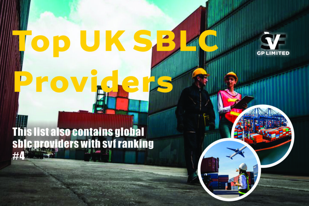 Workers at a shipping container yard discussing logistics with text reading Top UK SBLC Providers — SVF GP Limited.