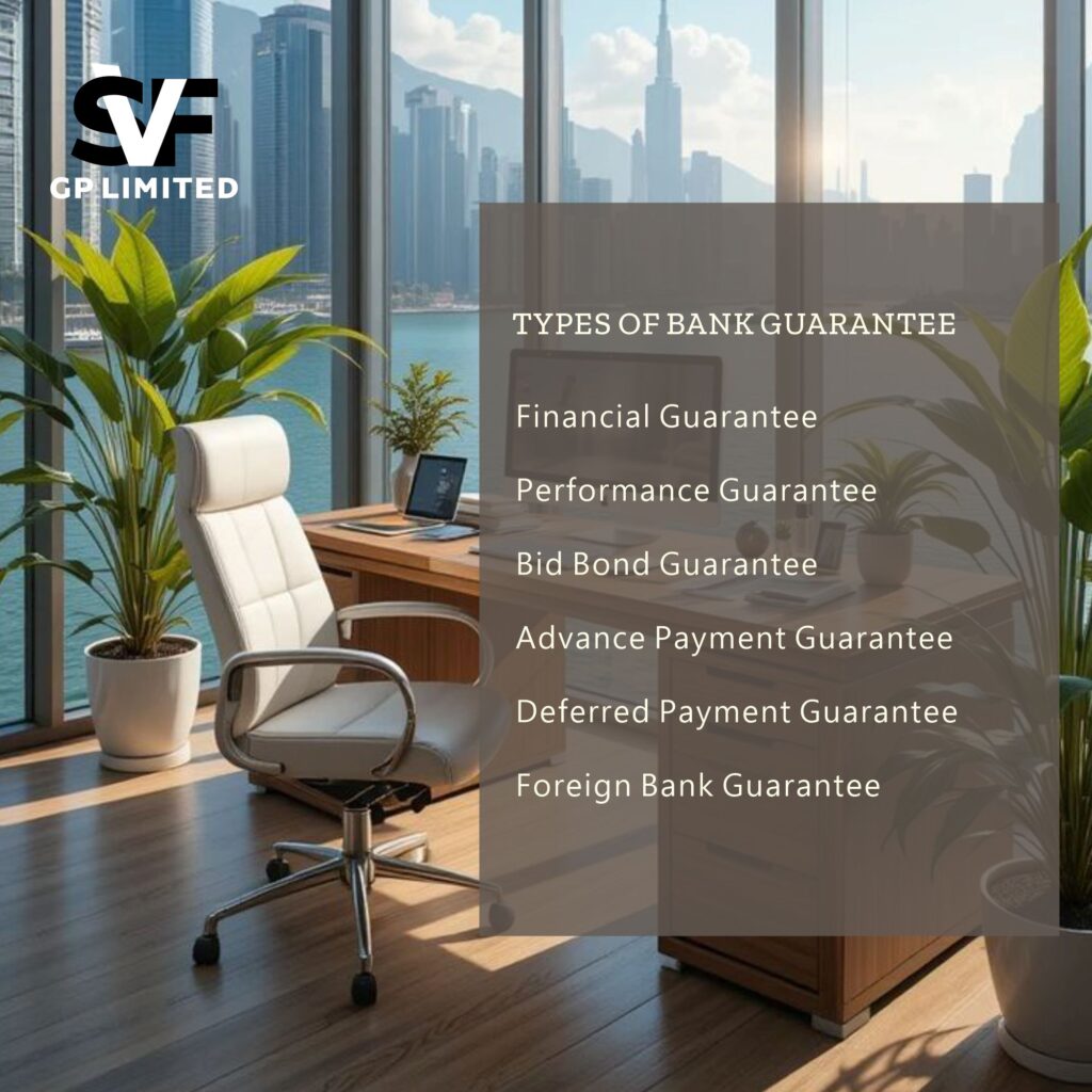 Modern office interior overlooking a waterfront city skyline with a chair, desk, plants, and a text overlay listing different types of bank guarantees.