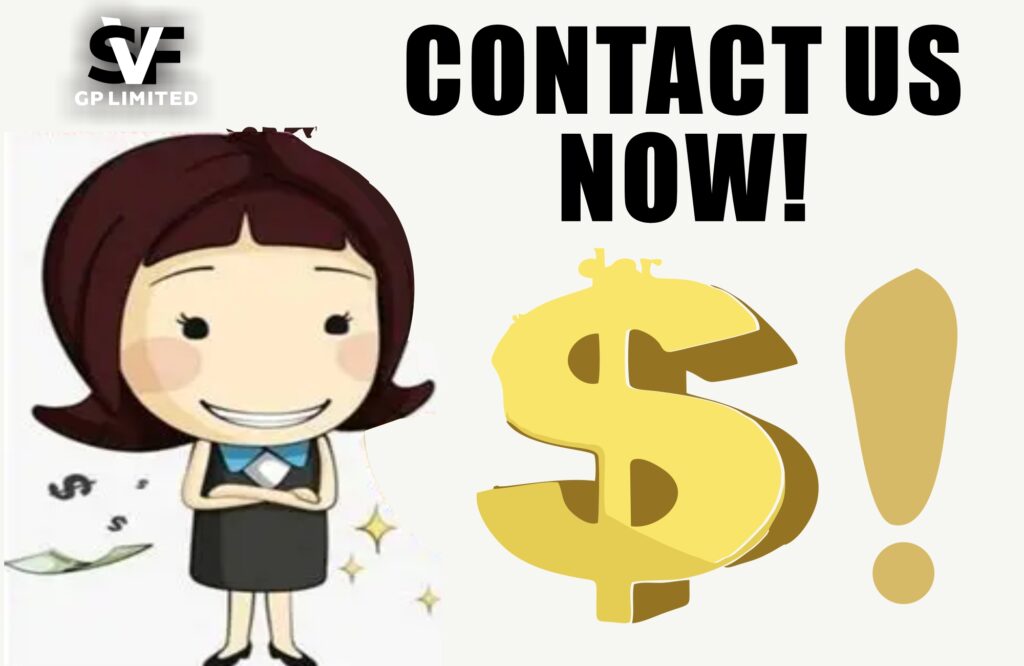 Cartoon business professional standing beside a dollar symbol with text reading Contact Us Now, representing structured finance and SBLC services by SVF GP Limited.