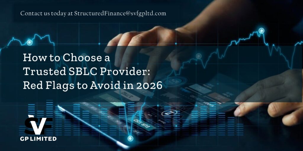 Financial market background with hands using digital trading tools and text reading How to Choose a Trusted SBLC Provider Red Flags to Avoid in 2026 by SVF GP Limited.