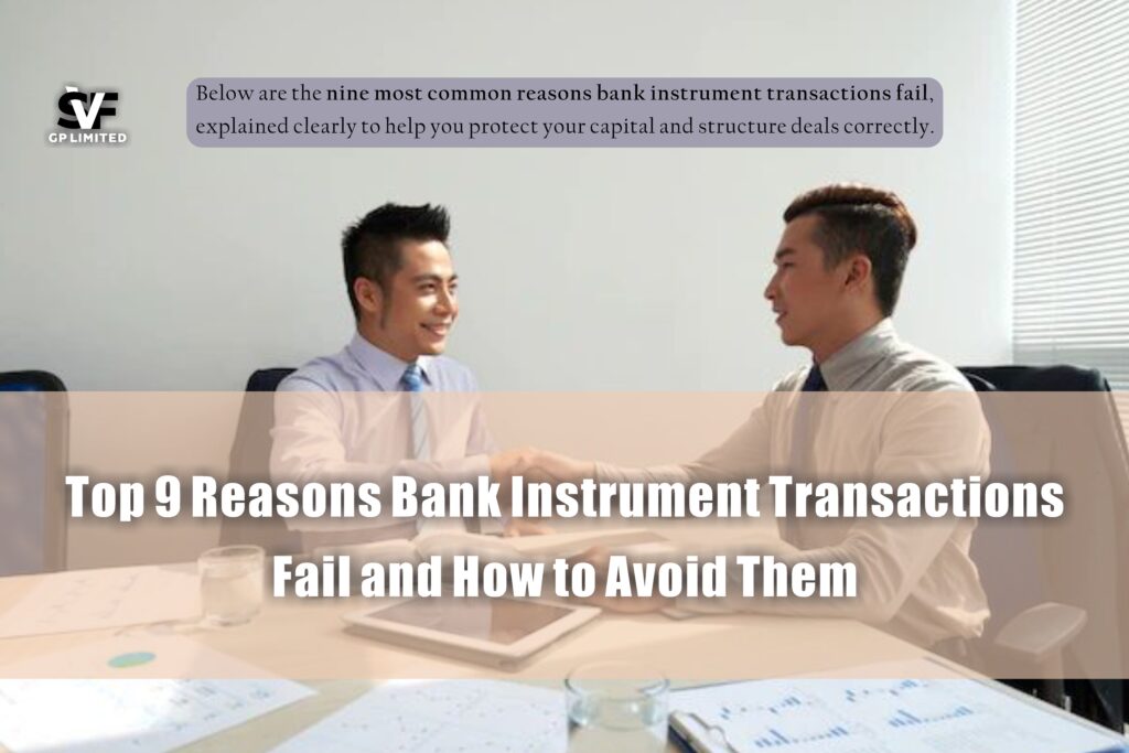 Business professionals discussing bank instrument transactions and risk management