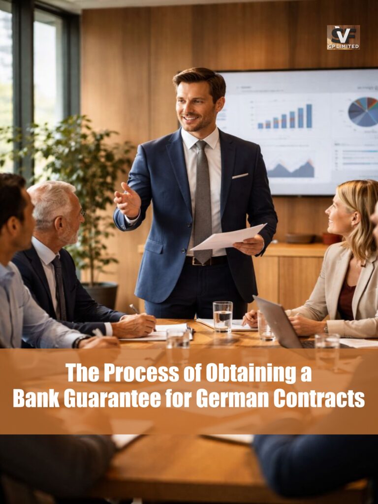 Business professional presenting financial documents to colleagues during a meeting about obtaining a bank guarantee for German contracts.