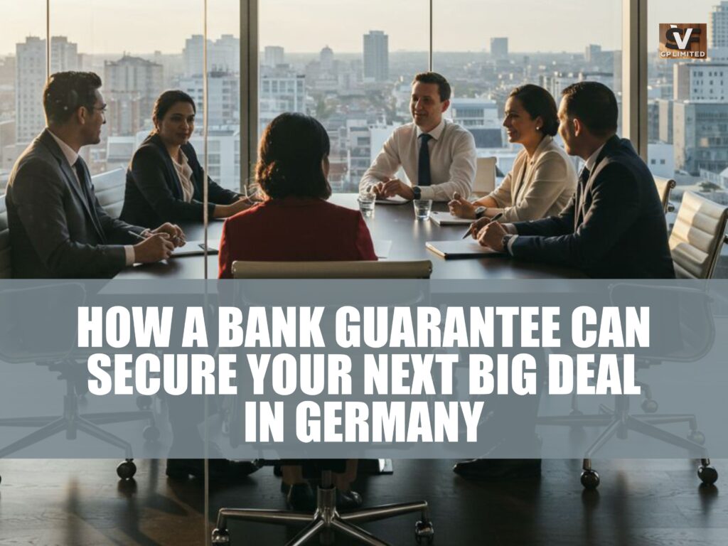 How Bank Guarantee Can Secure Your Next Big Deal in Germany Business executives meeting in a modern boardroom discussing how a bank guarantee can secure major business deals in Germany.