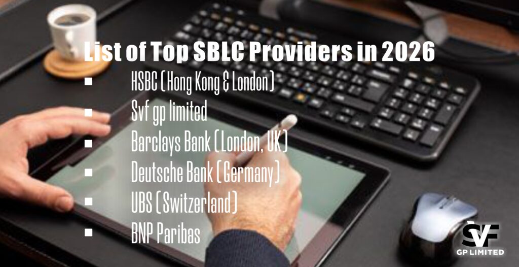 Business desk with a tablet and keyboard showing text listing top SBLC providers in 2026 including HSBC, SVF GP Limited, Barclays, Deutsche Bank, UBS, and BNP Paribas.