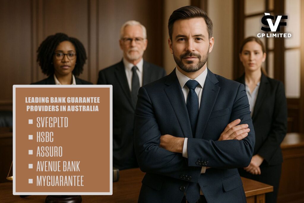 Business professionals in an office with text listing leading bank guarantee providers in Australia, including SVF GP Limited and HSBC