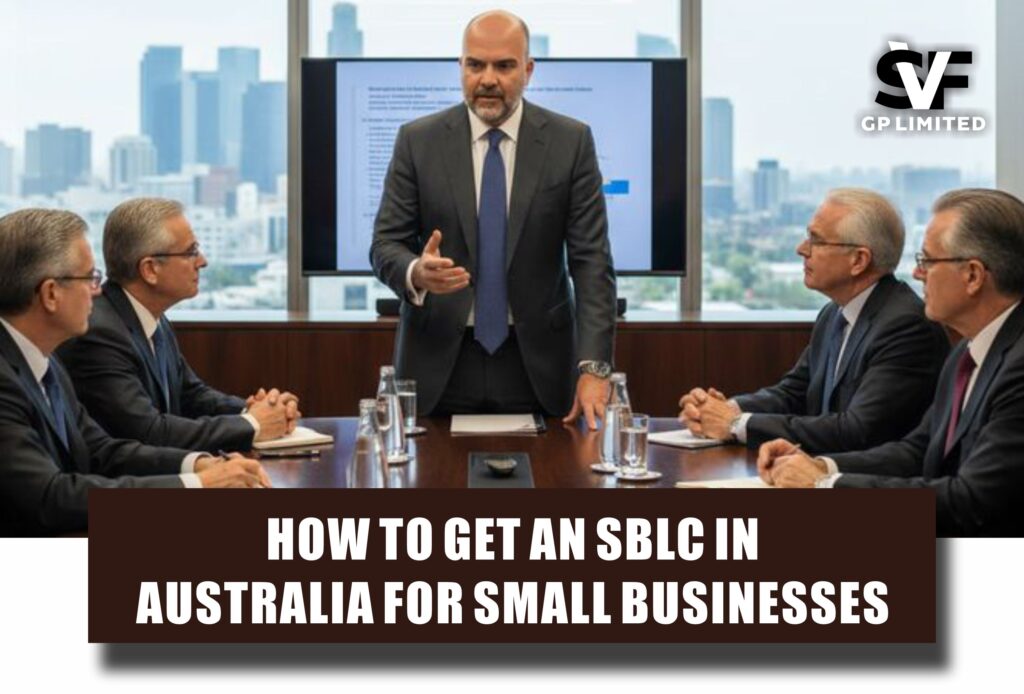 Business executives in a boardroom discussing how to get an SBLC in Australia for small businesses.