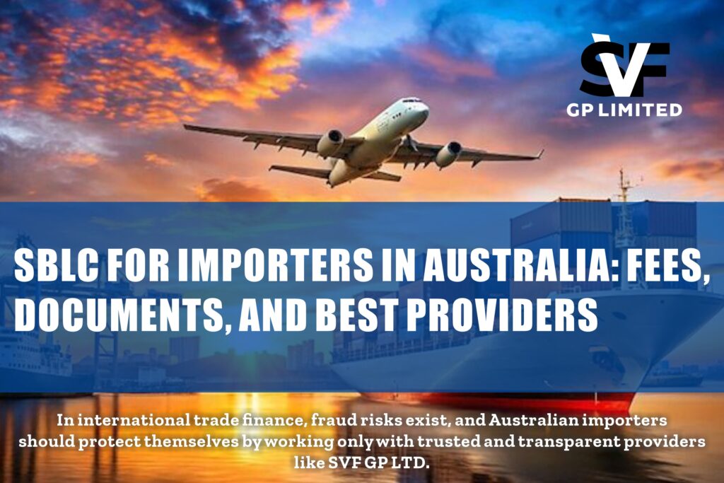 Airplane flying above a cargo ship with text about SBLC for importers in Australia, including fees, documents, and providers.