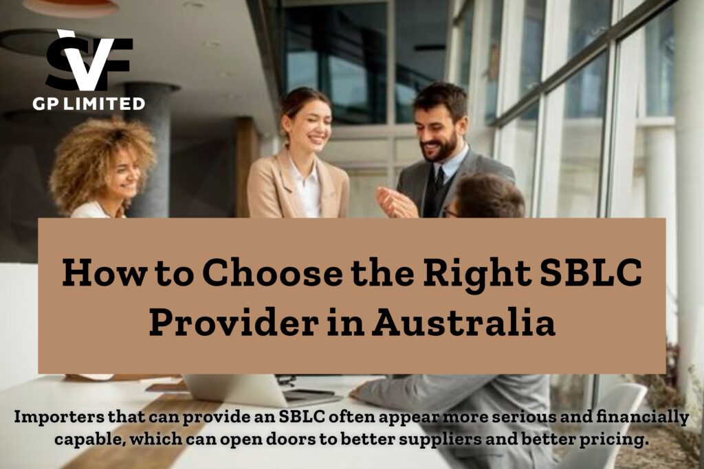Business professionals in a meeting with text explaining how to choose the right SBLC provider in Australia.