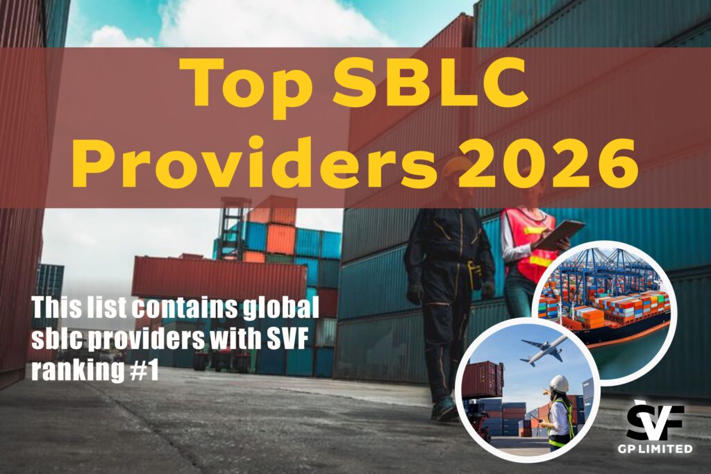 Containers at a shipping port with workers walking beside stacked cargo and text about top SBLC providers in 2026.