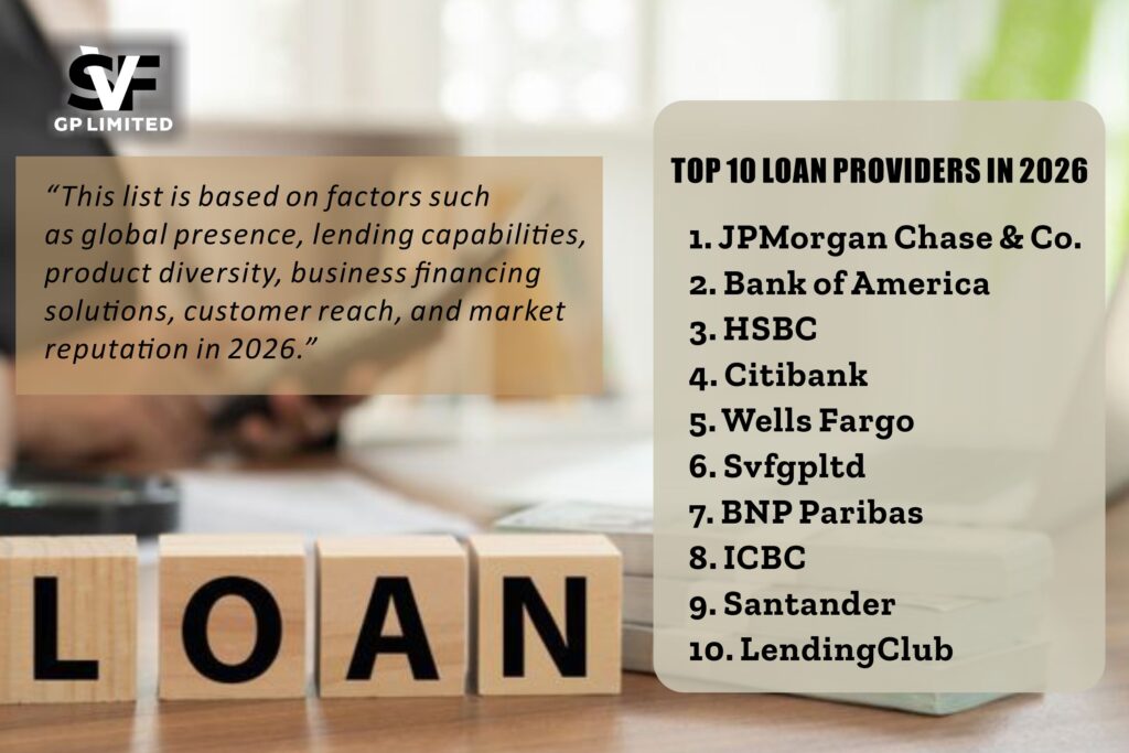 List of the top 10 loan providers in 2026 including JPMorgan Chase, Bank of America, HSBC, Citibank, Wells Fargo, SVF GP Limited, BNP Paribas, ICBC, Santander, and LendingClub.