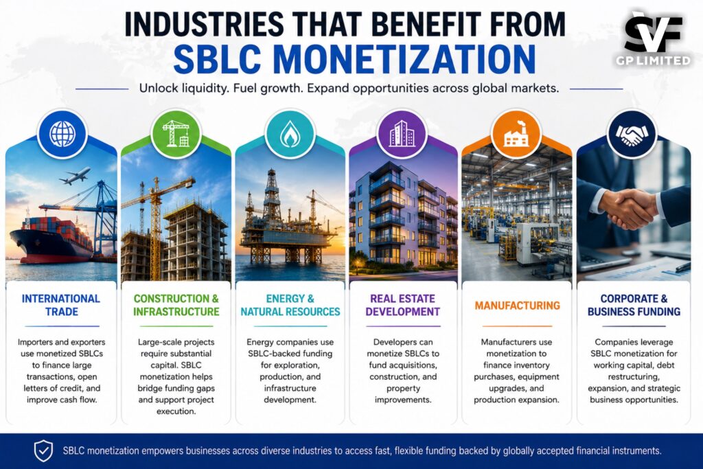 Infographic showing industries that benefit from SBLC monetization including international trade, construction, energy, real estate, manufacturing, and corporate funding.