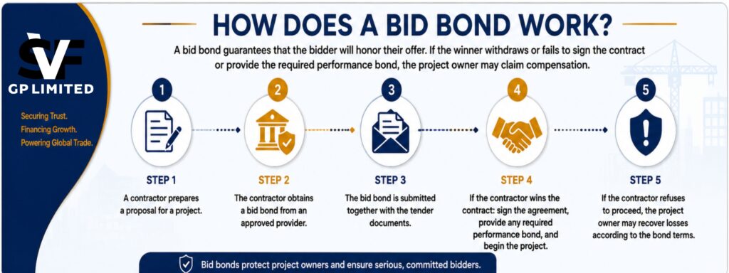 Professional infographic explaining how a bid bond works, showing the five-step process from preparing a project proposal and obtaining a bid bond to submitting tender documents, signing the contract, and protecting the project owner if the winning bidder fails to proceed.