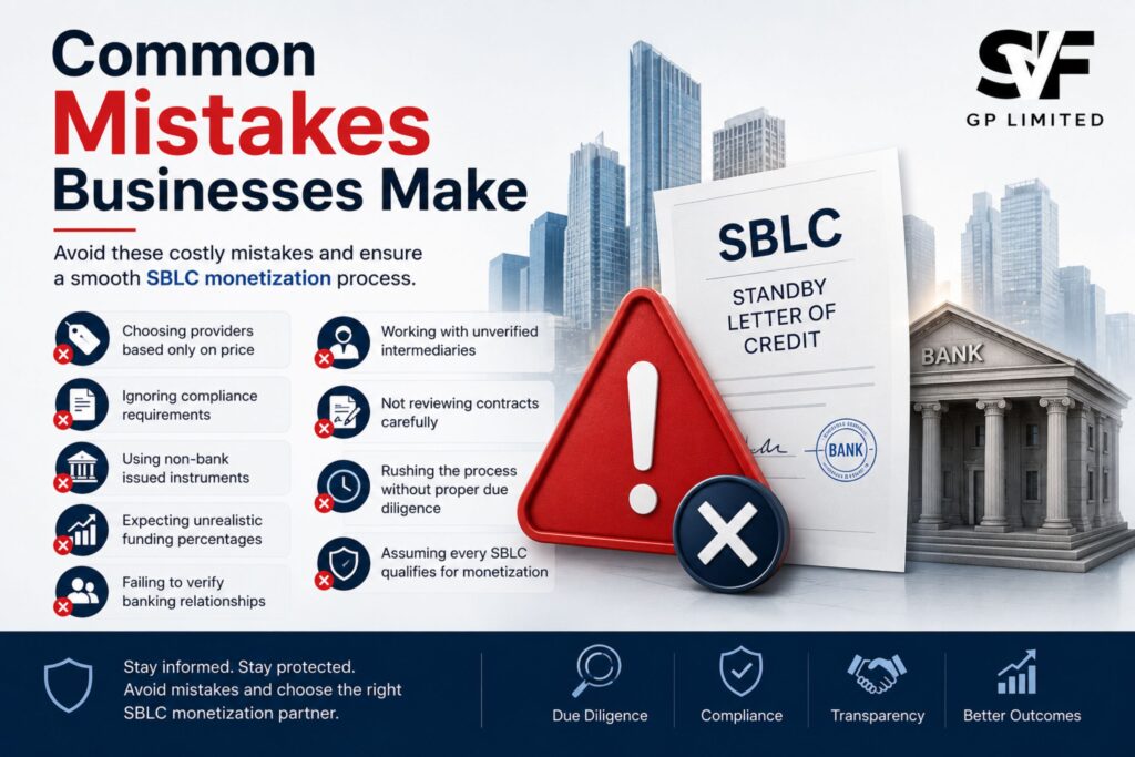 Infographic showing common mistakes businesses make during SBLC monetization, including choosing providers based only on price, ignoring compliance, using non-bank issued instruments, and the SVF GP Ltd logo.